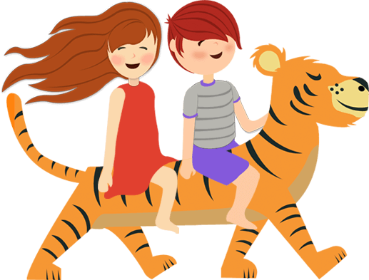 Illustration of two kids riding on a tiger